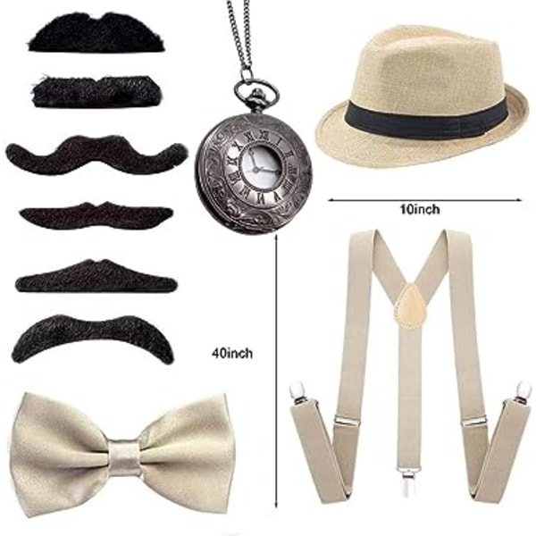 Harmaa 1920-luvun miesten beige väri Fancy Dress -asusteet Gangster Flapper -setti Great Gatsby -asusetti 1920-luvulla Trilby-hatulla Viikset Joustavat henkselit