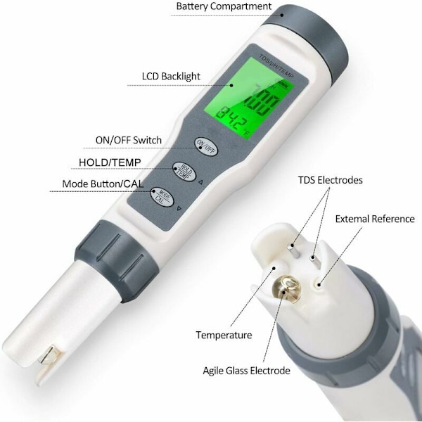 Vattenkvalitetstestare, pH-mätare för vatten, pH-testare för akvarium, LCD PH-pooltest, TDS-vattenkvalitetstestare för dricksvatten, hydroponik, simbassänger