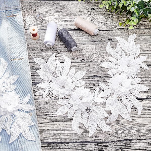 2 stk. 3D blonder applikationsplaster, sy på broderi blonder blomster plaster blomstermønster perler rhinestones blonder trim stofperle applikationer til syning vi