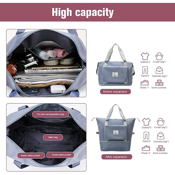 Blå Duffel Bag Kvinder Mænd Justerbar, Letvægts Sammenfoldelig Duffel Bag, Weekendtaske Stor Sammenfoldelig Tote Taske, Vandresistent Stor Kapacitet Håndbagage