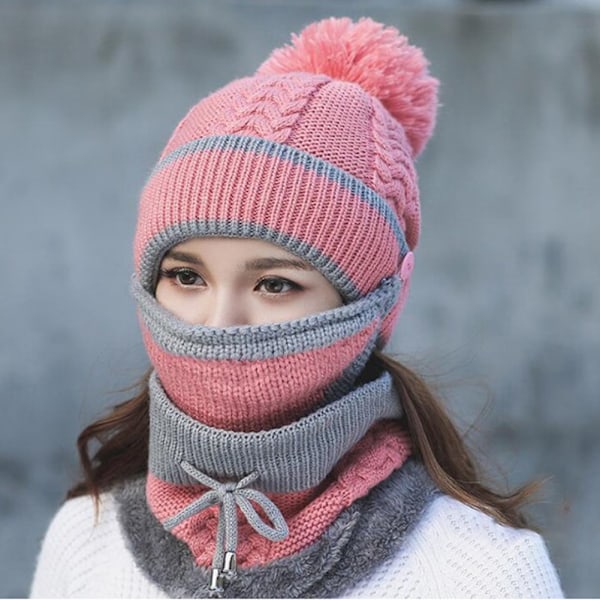 Mössa Kvinna Vinter Varma Ullmössa Varma Söt Kvinna Mössa Trestycke Öronskydd Stickad Mössa(rosa)