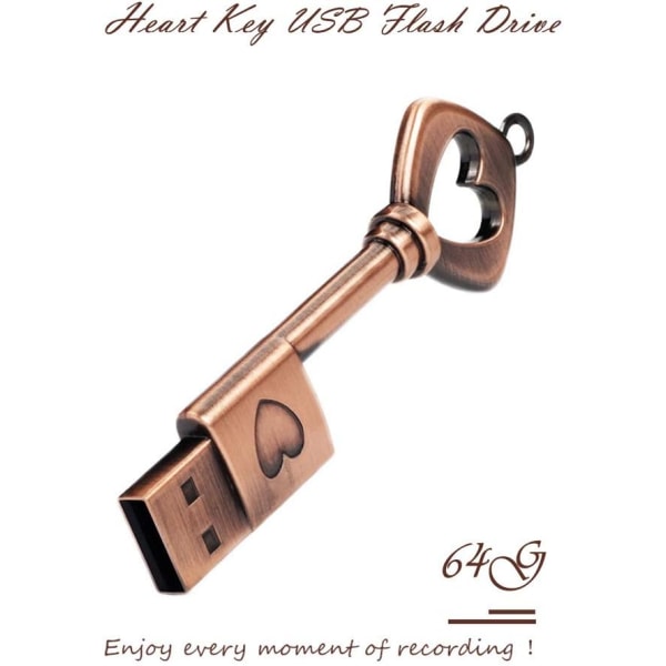 64 GB Memory Stick, Vintage Metal Heart Key Shape Thumb Drive USB