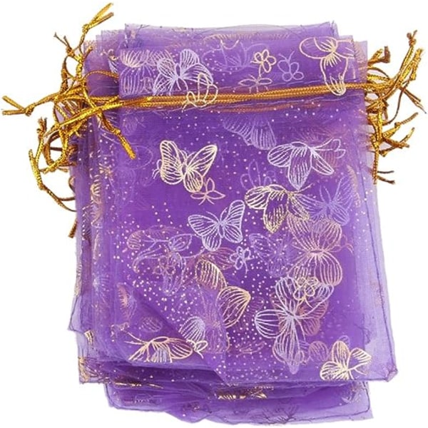 Noin 100 kpl organza-pussia, joissa nyöri, häälahjoihin, 9 x 12 cm (perhoskuvio), violetti