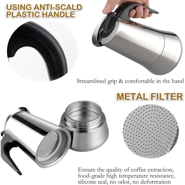 Italiensk Kaffemaskine, 6, 9, 12 Kopper Rustfrit Stål Moka Kaffemaskine Kompatibel med Alle Kogeplader - 600ml - 12 Kopper