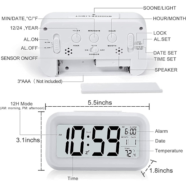 Digital väckarklocka, tyst batteridriven klocka för barn och vuxna med stor LED-display, temperatur, kalender, reseväckarklocka med nattlampa och snooze