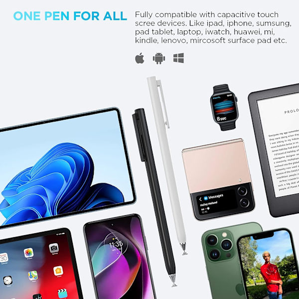 Styluspenn for berøringsskjermer (2 stk.), universell kapasitiv skivepen for Apple iPad/Pro/Air/Mini/Tabletter/Samsung Galaxy Tablet/Amazon Fire HD/Chro