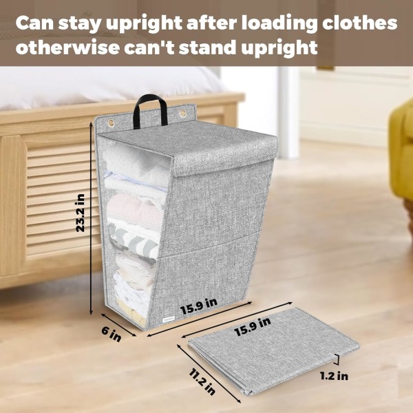 Hængende vasketøjskurvpose, 1-pakke sammenfoldelig vasketøjskurv, stor åbningsbar bærbar tørrekurv med håndtag, grå