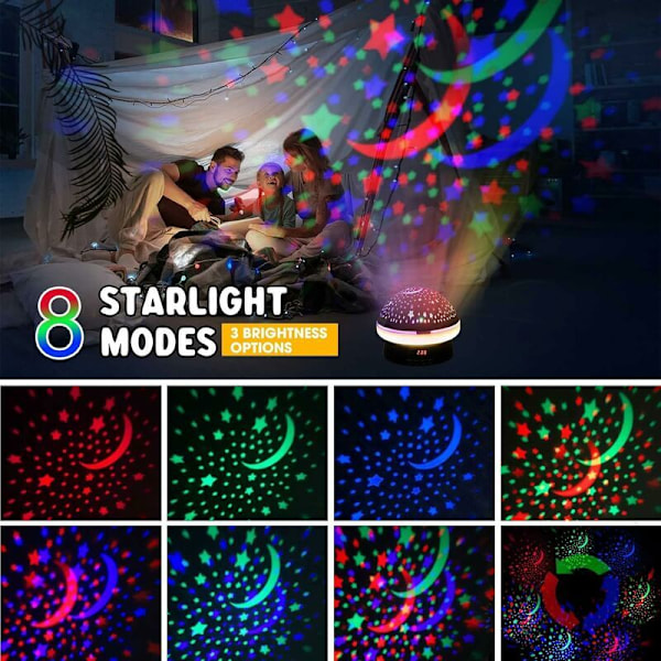 Stjerneprojektor nattlys med 8 projeksjonsmoduser RC Stjerneprojektorlys 360° Rotasjon Stjerneprojektorlampe Galakse Himmellys Projektor Batteri/USB-strøm