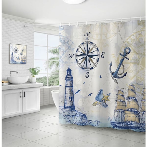 Nautisk duschdraperi flaggskepp segelbåt ankare 180 x 180 cm badrumsgardin polyester anti-mögel vattentät tvättbar badrumsgardin