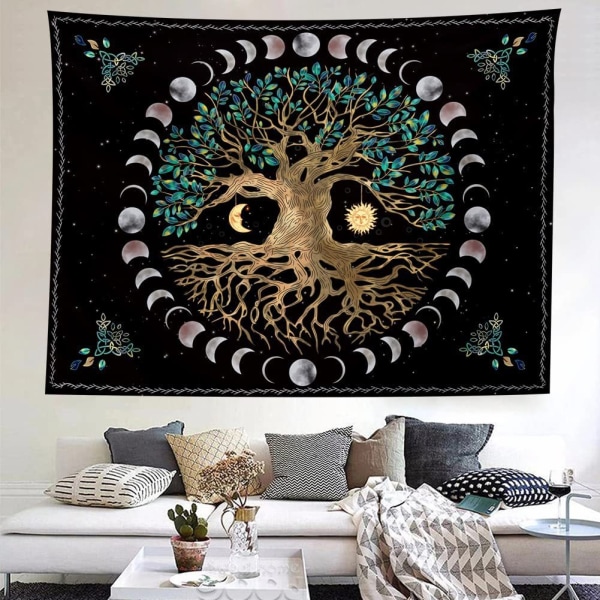 Elämänpuu seinävaate - 200CMx150CM Kuu ja aurinko - Musta - Psykedeelinen seinävaate - Mandala - Tähtitaivas - Hippie-seinävaate sänkyyn