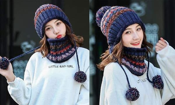 Fleece-fôret dame strikket lue skjerf sett jenter vinter ski lue (marineblå)