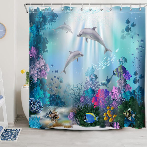 Undervands bruseforhæng med kroge, 180x200cm delfiner fisk koral mønstret badeforhæng, vandafvisende skimmelbestandigt vaskbart polyesterstof