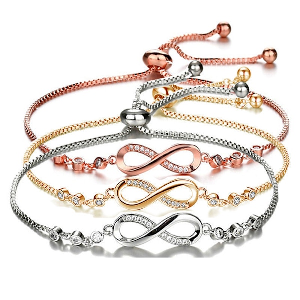 Stilige og personlige armbånd i håndlaget design for kvinner, populært justerbart armbånd med mikroinnsatte diamanter og lykkebringende tall 8 i sølv