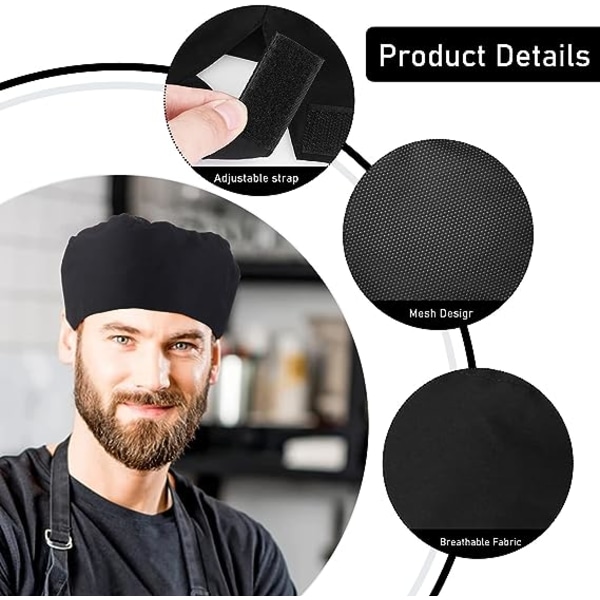 Sæt med 4 sorte kokkehatte Justerbar køkkenhue Elastisk bånd One Size Sort åndbar mesh top