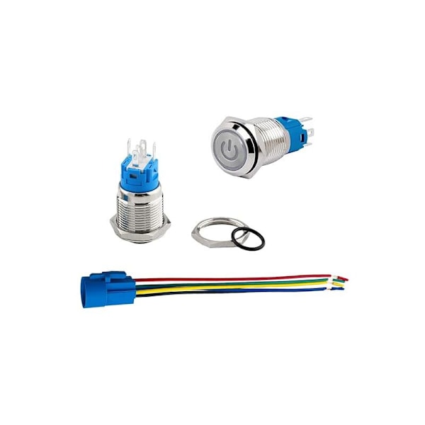 2kpl 16mm 12V/24V 5A Itselukittuva Painonappikytkin Ruostumaton teräs IP65 Vedenpitävä Esijohdotetulla Liittimellä (Punainen LED)