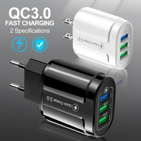 QC3.0 3USB Europe-standard hurtiglader for mobiltelefon - smart reiselader oval multifunksjons ladekabel