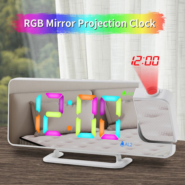 Digital projektionsväckarklocka med 180° roterande projektor, digital LED-display RGB-färg, 6 ljusstyrkenivåer, dubbel väckarklocka, sovrum