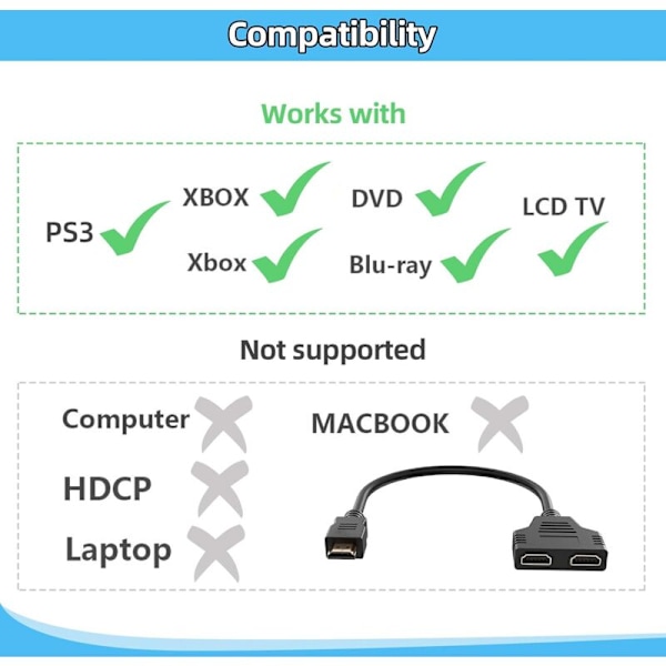 HDMI 1 hanstik til dobbelt HDMI 2 hunstik, HDMI-distributør CONTRIBUTTOR CONSPRISTER TIL DVD/HDTV/LCD-skærm og projektorer