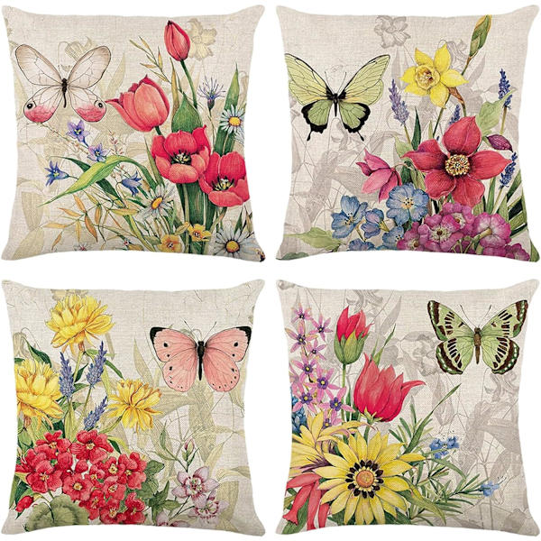 Sett med 4 putetrekk, putetrekk 45x45 putetrekk dekorative sofaputetrekk for soverom, sofa, stol, seng, hage (Blomster-Lin)