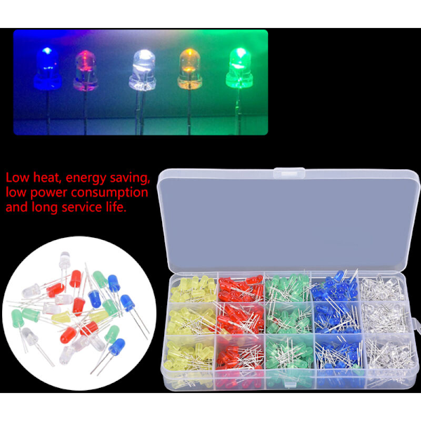 Kit med 500 LED-lysdioder på 5 mm, sortiment med 5 färger, elektroniska komponenter