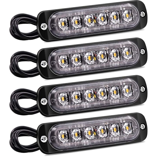 4 STK Strobe Sidemarkeringslys, 6 LED Fareadvarselslysbjælke, Gul Nedbrydningsblink, Nødblink, Vandtæt 12V 24V Universal til Ca
