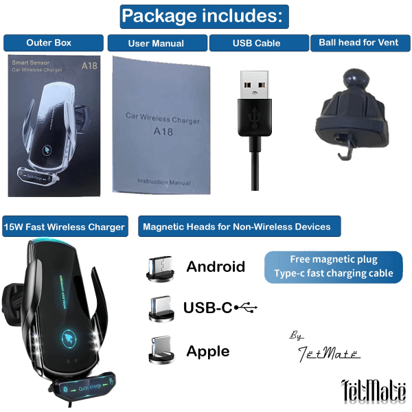 15W hurtig trådløs billader, telefonholder, automatisk fastspænding, biltilbehør, kompatibel med iPhone 13 Pro, 12 Max Mini/11/XS/XR Samsung S20/S1