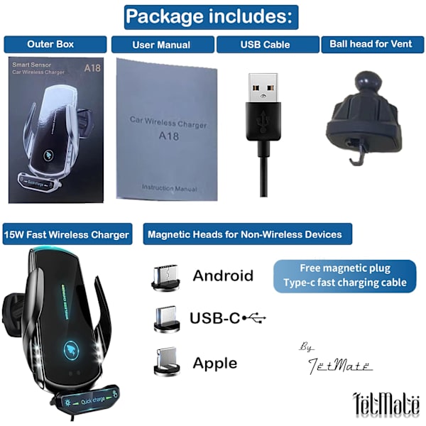 15W snabb trådlös billaddare, telefonhållare, automatisk fastspänning, biltillbehör, kompatibel med iPhone 13 Pro, 12 Max Mini/11/XS/XR Samsung S20/S1