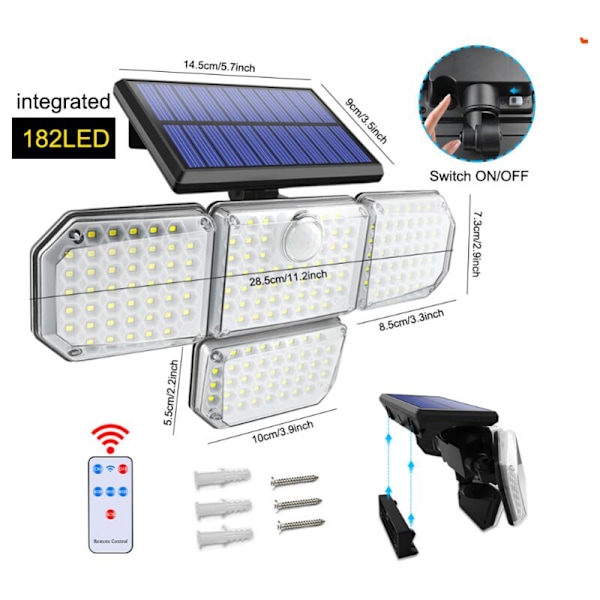 182 LED fyrhövdad solcellsvägglampa LED-kroppssensorlampa intelligent ljusstyrning utomhus trädgårdslampa