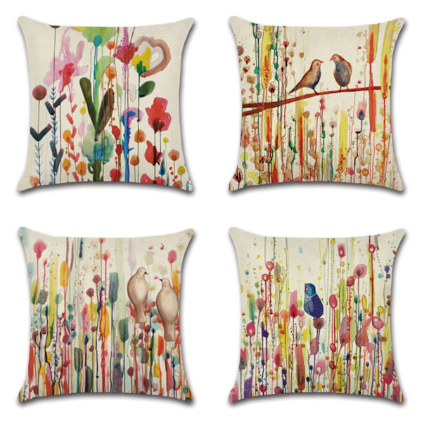 Putetrekk 45x45cm, 4-pak Lin Putetrekk Blomster Livets Tre Dekorasjoner for Sofa Utendørs Hage Seng Sofa Bil