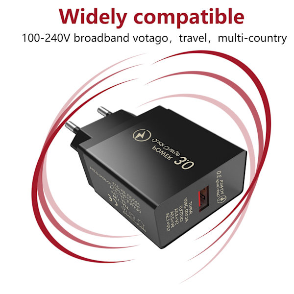3A QC3.0 Enports USB Mobiltelefon Snabbladdare - EU Svart