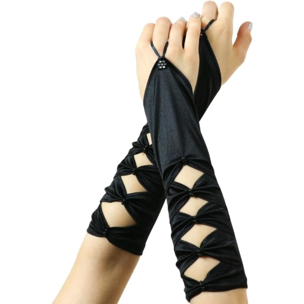 (Musta) - Naisten pitkät satiinikäsineet - Seksikkäät sormettomat hanskat - Adu