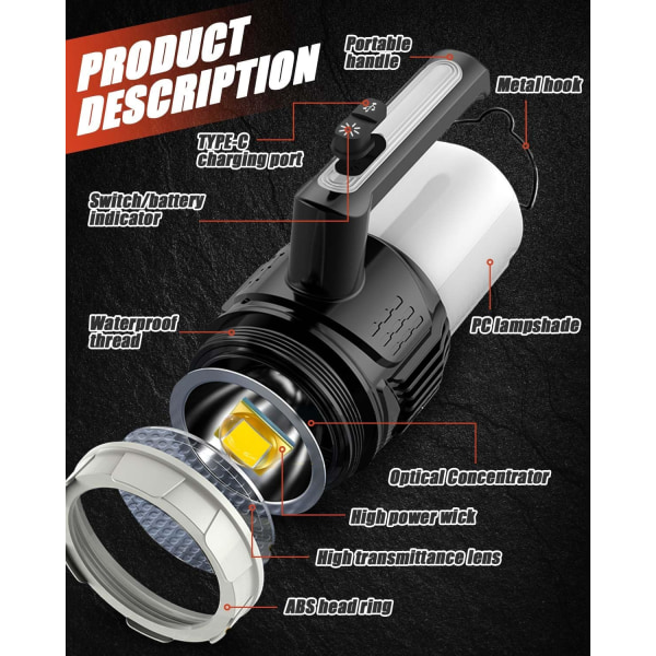 Campinglampa Uppladdningsbar 1500 Lumen LED Campinglampa Snabb Direktladdning 6 Lägen Campingficklampa Vattentät Utomhus
