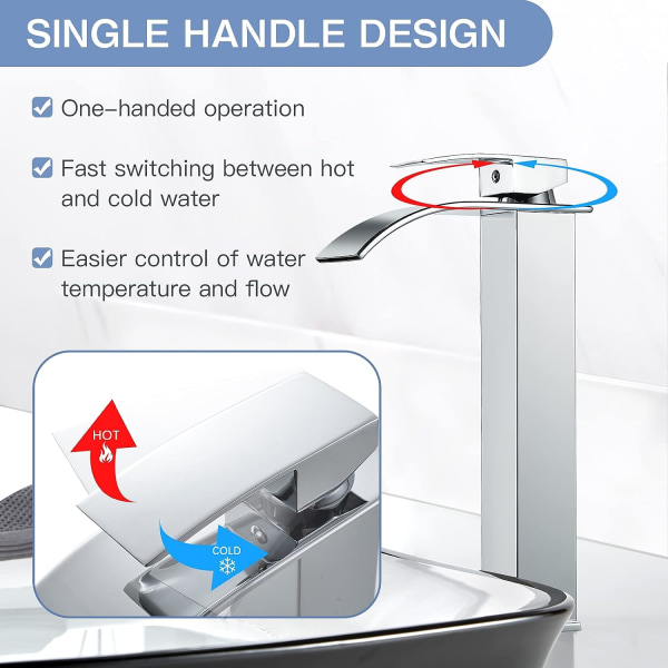 Moderne høy foss servantkran, elegant design baderomskran, høy enkeltgreps messing servantbatteri, varmt og kaldt vann tilgjengelig, krom W
