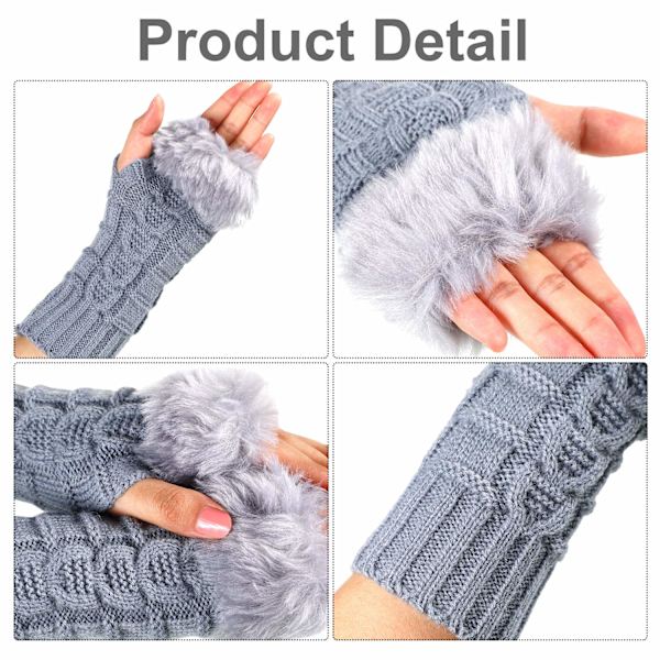 3 par fingerløse vinterhansker i imitert fleece, heklet, termiske, mellomlange hansker med tommelhull