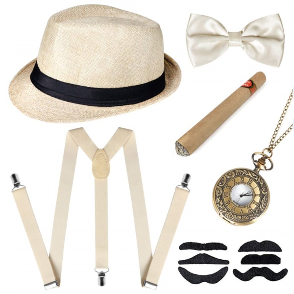 Harmaa 1920-luvun miesten beige väri Fancy Dress -asusteet Gangster Flapper -setti Great Gatsby -asusetti 1920-luvulla Trilby-hatulla Viikset Joustavat henkselit