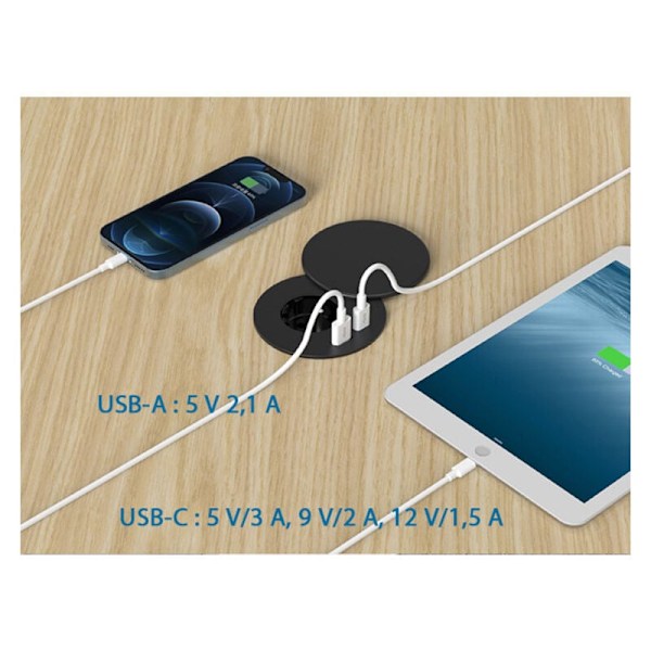 Upotettava pistorasia, upotettava pistorasia 1 pistorasialla, 1 USB-C-portilla, 1 USB-A-portilla, 75 mm halkaisija, 1,5 m kaapeli, pöytäpistorasia keittiöön, toimistoon, F