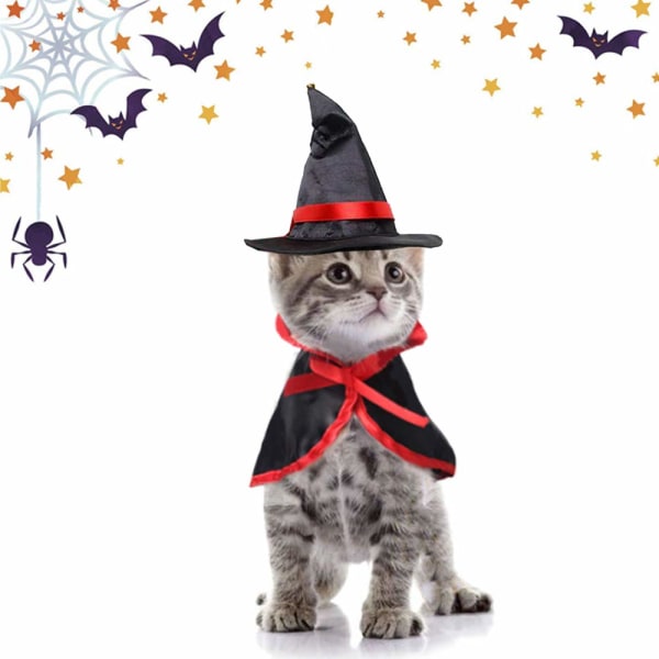 Kissan Halloween-asu, noitahattu ja velhoviitta kissoille ja pienille koirille Halloween-sisustus Cosplay-juhliin
