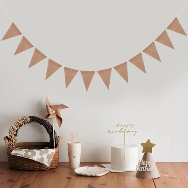 Set med 48 flaggor, girlang av vimplar, triangulär, jute canvas banner, jute vimpelgirlang (brun)