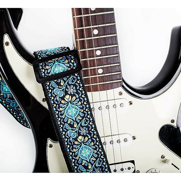 Blå - Folk-stil gitarstropper - sett med jacquardvevde gitarhengere med plekterlommer for bass, elektriske og akustiske gitarer