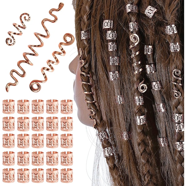 28 stk. (rose gold) Hårspiral Smykker Viking Style Justerbare Hårmanchetter Skæg Hår Rør Perler Metal Dreadlocks Viking Hår Perler Spiral Spoler Til Mig