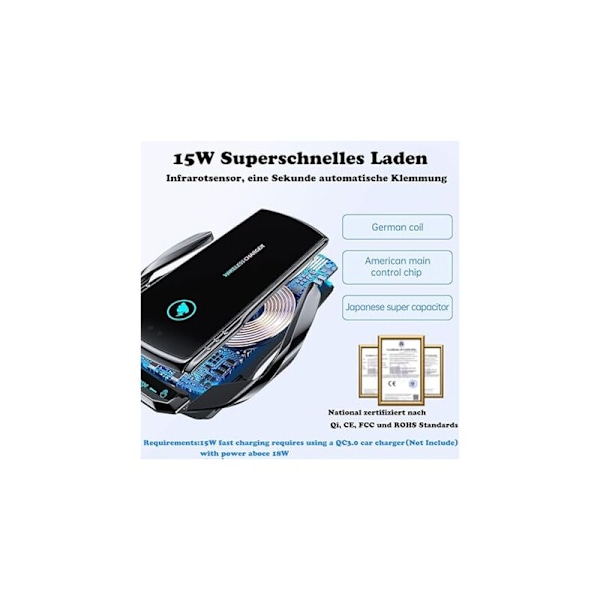 15W Qi Induktions Biloplader, Hurtig Trådløs Biloplader Automatisk Klemme Luftudtag Klip Holder Bilholder til iPhone Samsung, 136mm82mm48mm