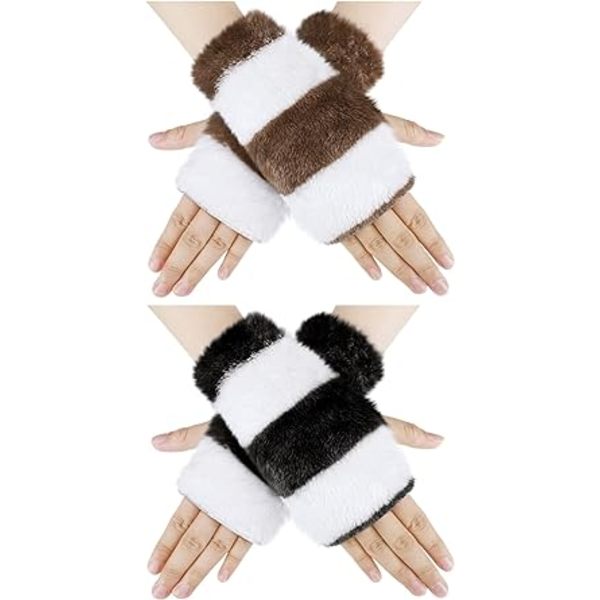 2 par fingerløse vinterhansker for kvinner, varme, lodne tommelhull, håndleddsvarmere, unisex-hansker, myke, svarte, hvite, brune striper, gave til menn