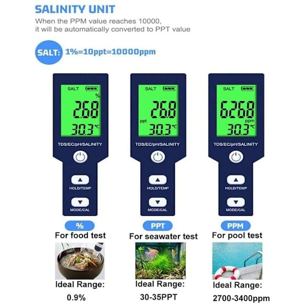 Saltmåler for basseng, digital saltmåler for sjøvann 5 i 1, IP67 vanntett testsett