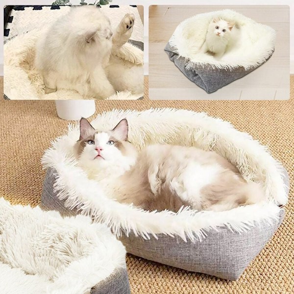 Mjuk sängkudde för katter, ultramjuk, mjuk och skön korg, halkfri botten, i tvättbar plysch, för kattunge, liten hund, kanin, pecute