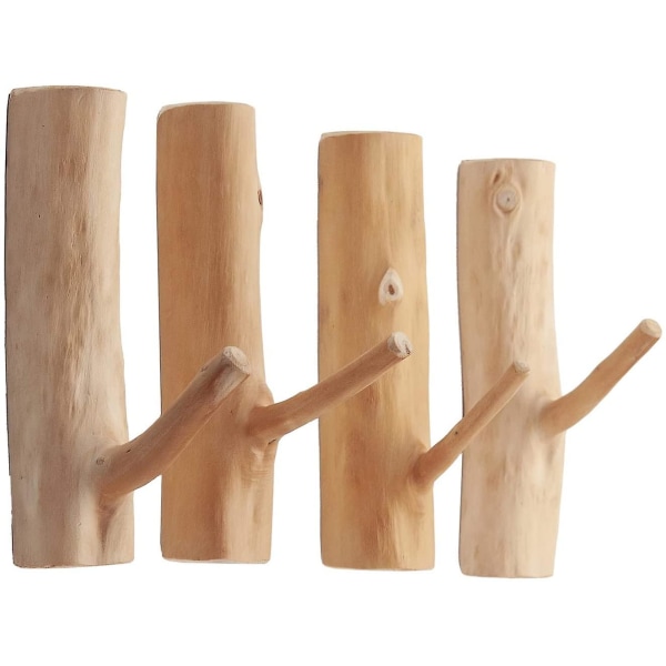 4-pack trädkvistväggkrokar i trä, spikfria väggmonterade träklädkrokar, rustika dekorativa självhäftande krokar, nyckelhållare, handdukshållare, (bredd 2.