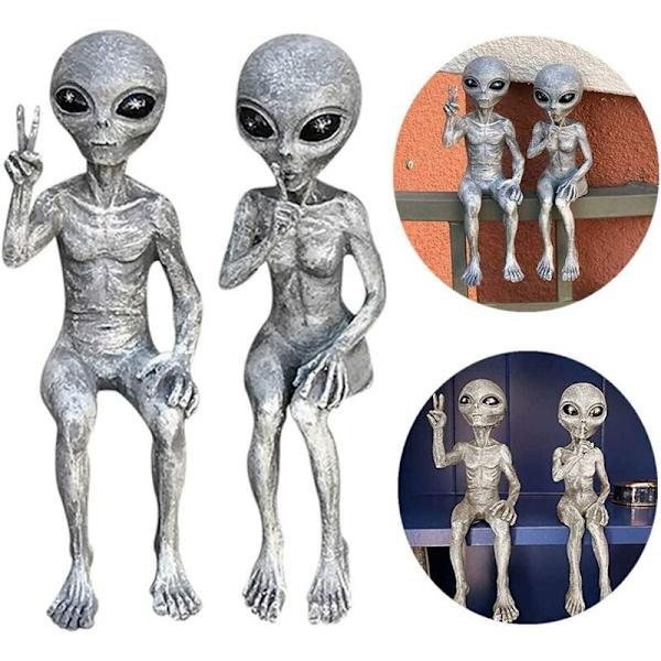 Alien Statuette, Sæt med 2 rumvæsen statuer, Ekstra Terrestrial Statue, Havefigur, Resin Skulptur til hjemmekontor Have Terrasse Gårdsplads Plæne, Superma