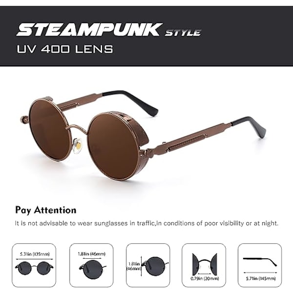 Brune ramme brune linser-polariserede runde solbriller til mænd og kvinder inspireret af retro Steampunk-stil i metallisk cirkel