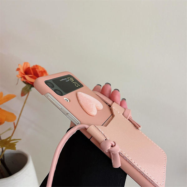 Love Heart Case Kompatibel Med Samsung Galaxy Z Flip 4, Pc Ram Pu Läder Stötsäker Skydd Med Snöre Rosa