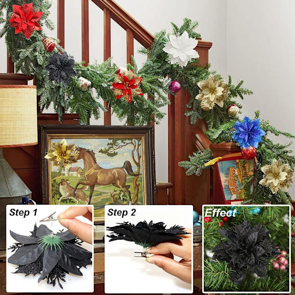 10 stk. Kunstige Juleblomster i Poinsettia med Klips og Glitrende Stilke Julepynt i Poinsettia til Juletræer Vinter Pa