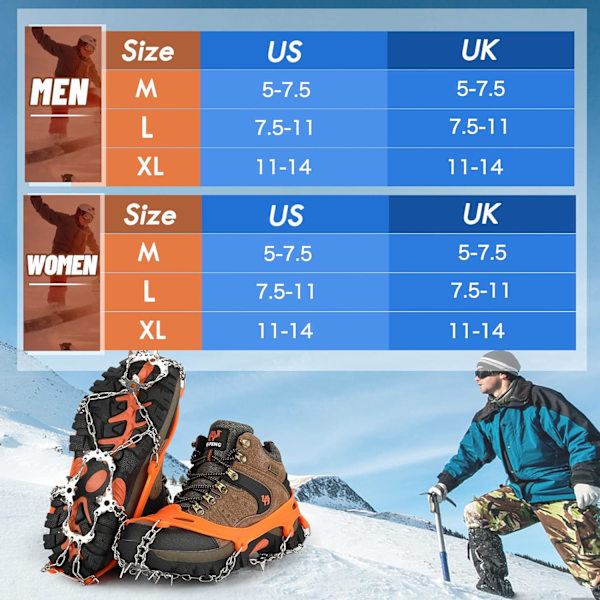 Crampons til is og sne - Skridsikre pigge til kvinder, mænd og børn - 19 rustfri stålpigge - Sikkerhedsbeskyttelse til vandreture - XL